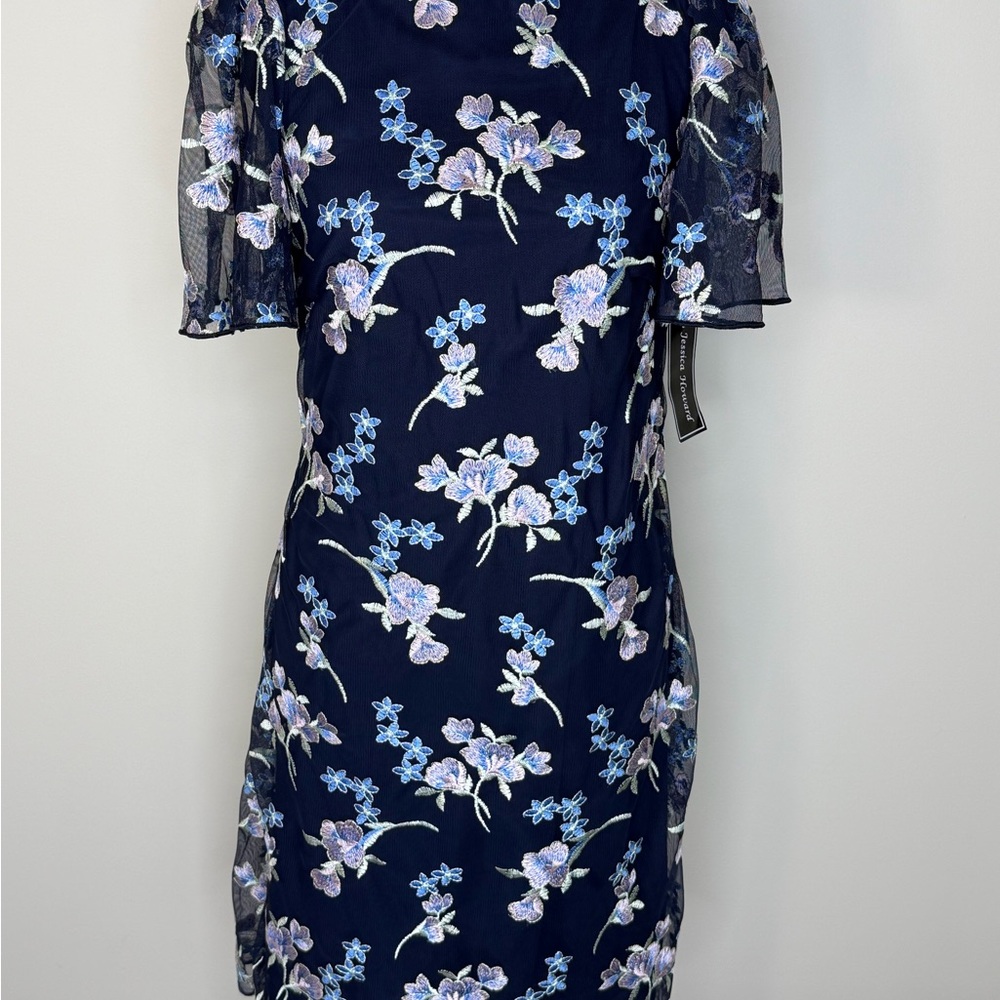 NWT Jessica Howard Dress Womens 6 Navy Embroidered Floral Mesh Short Sleeve